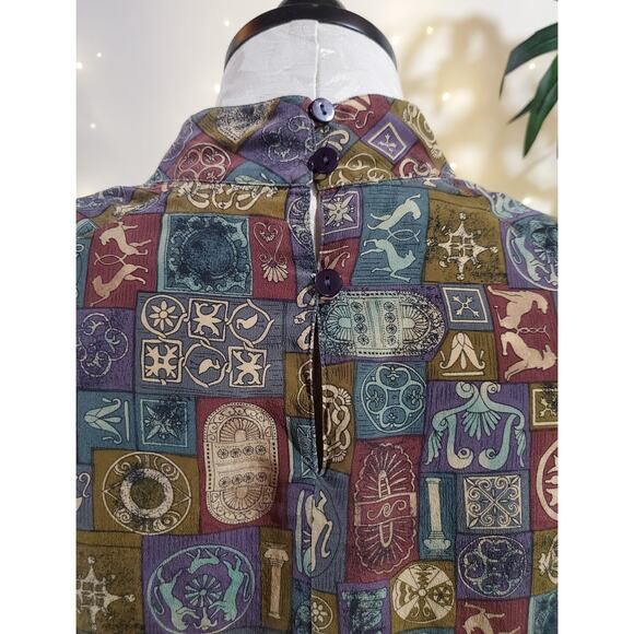 Silks VTG 80s 90s Egyptian Hieroglyph Long Sleeve Mock Blouse Womens Size M Top - Picture 6 of 13